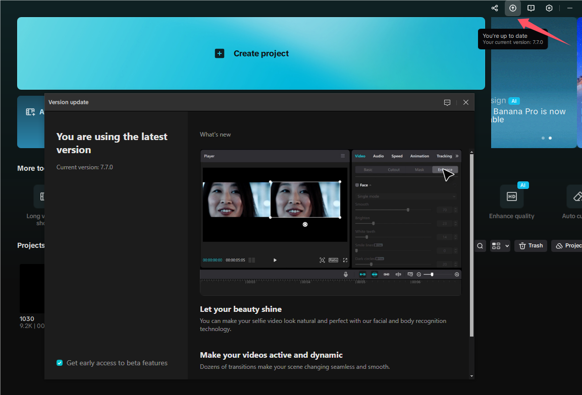 Update CapCut desktop using the top-right icon