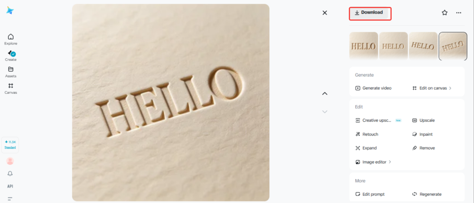 Downloading the embossed text photo in Dreamina