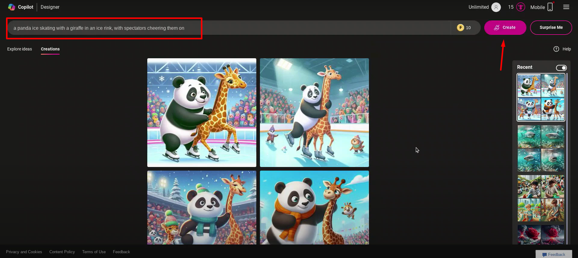 Furnizarea unui prompt în generatorul de imagini Copilot Bing AI