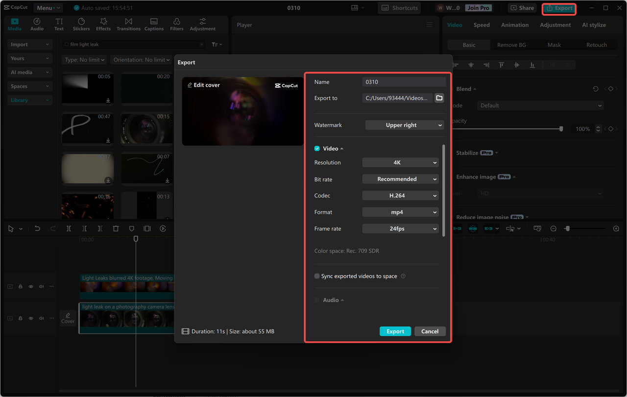 Exporting or sharing the video from CapCut desktop video editor