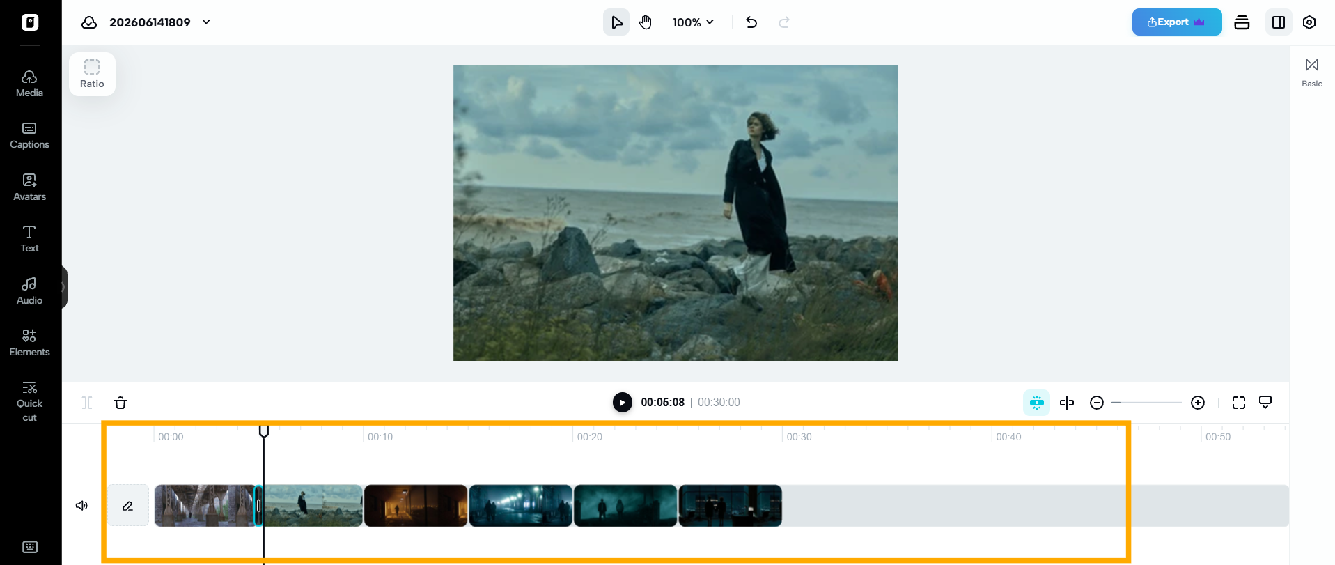 video editing timeline in Pippit AI showing scene arrangement for smooth cross dissolve transition workflow