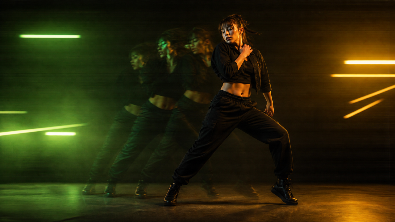 Fictional studio performer with green and amber motion echoes