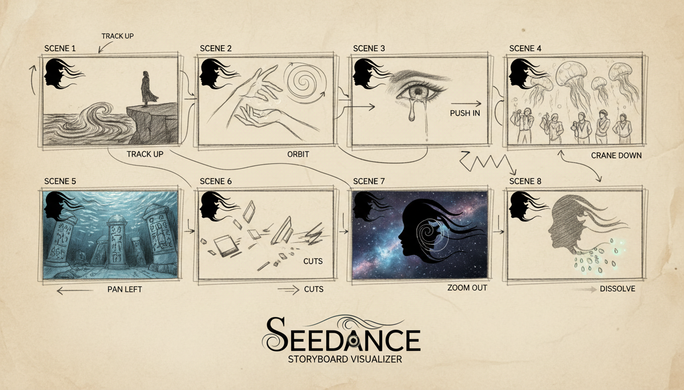 Miniatura A - tramas de storyboard de continuidad de Seedance con glifos de ruta de cámara.