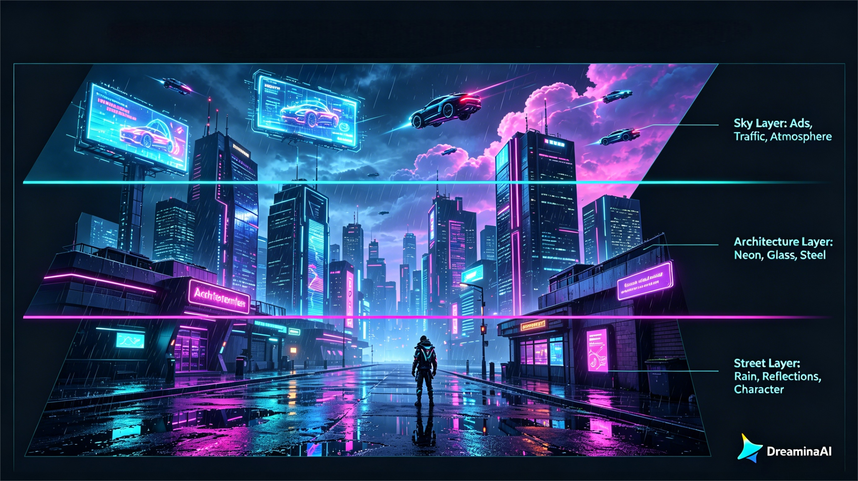 Dreamina AI generuje sztukę cyberpunkową z neonowymi pejzażami miejskimi, kinowym oświetleniem, refleksami deszczu i warstwowymi postaciami cyberpunkowymi na potrzeby kampanii.