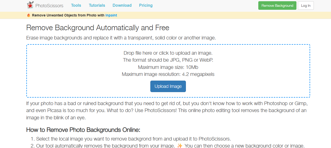 Uploading your photo to PhotoScissors
