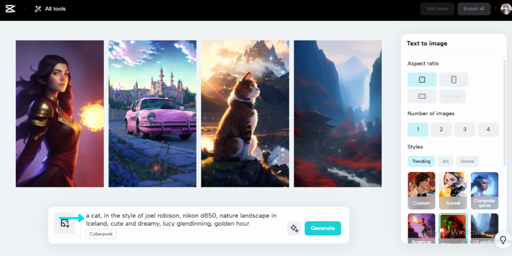 CapCut interface du générateur d'images avec commandes d'invite, de ratio et de style