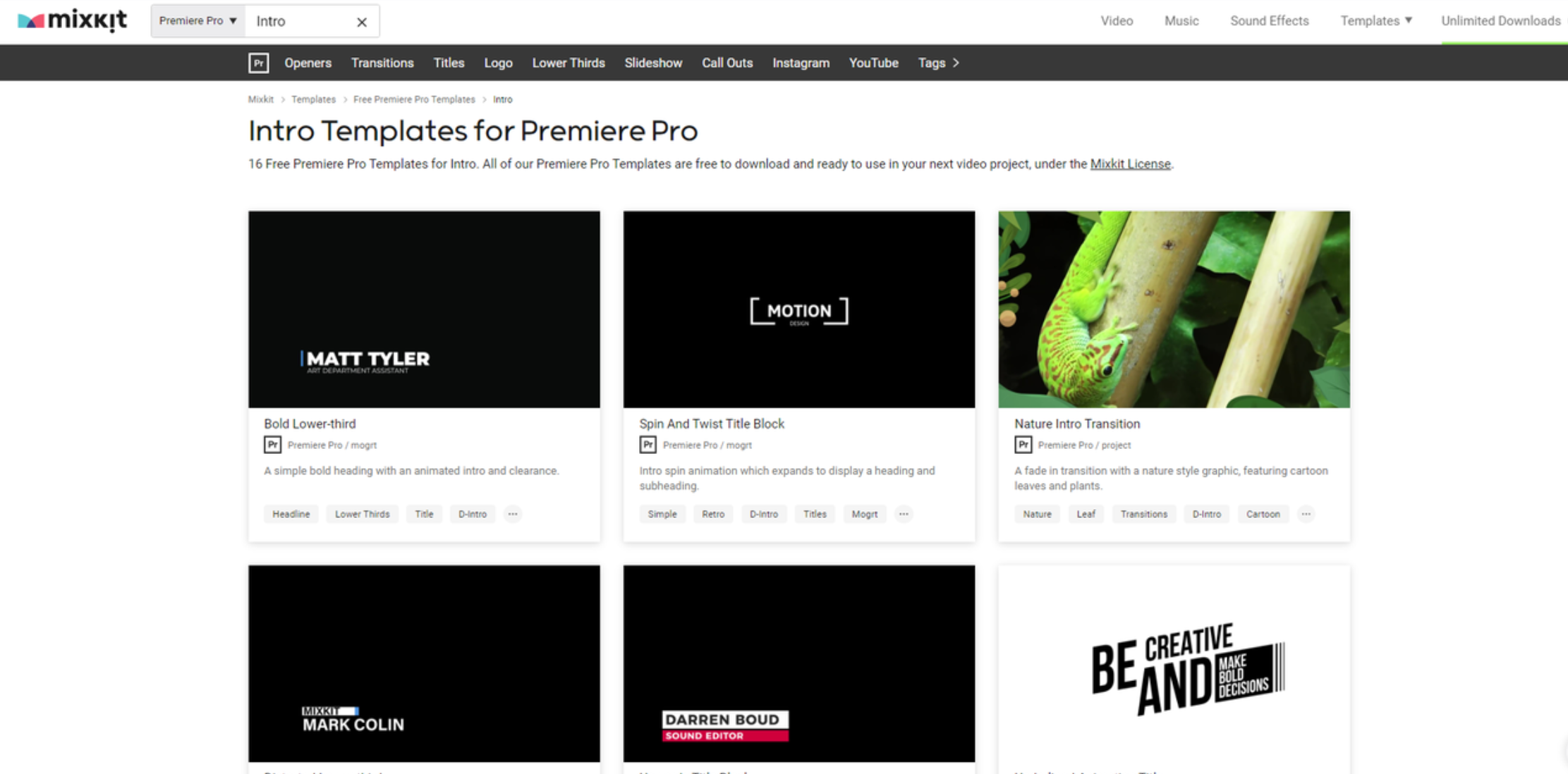 Mixkit מציע מבחר של תבניות Premiere Pro בחינם
