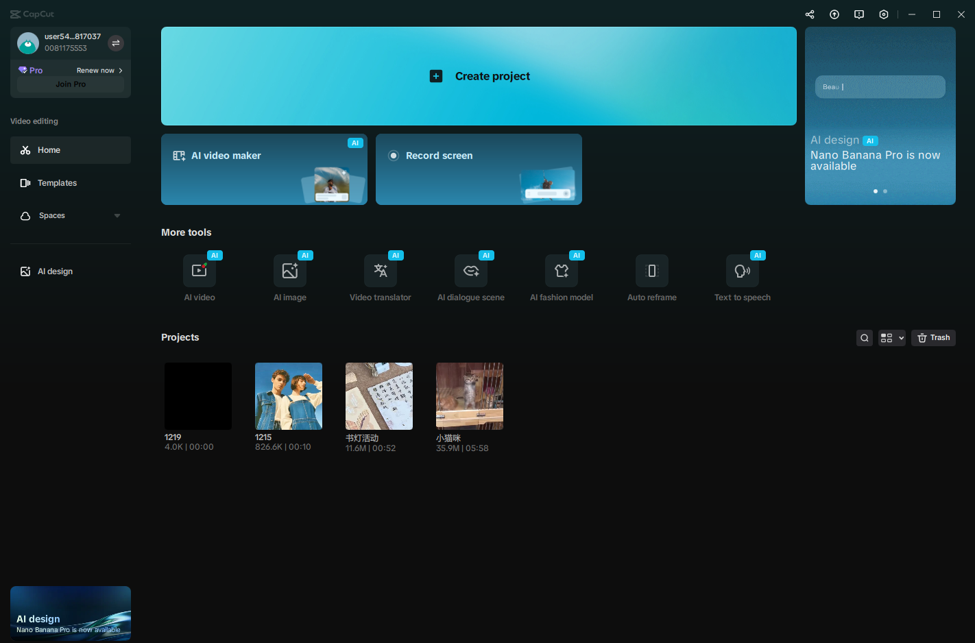 AI Video Maker-funktionen i CapCut klienten