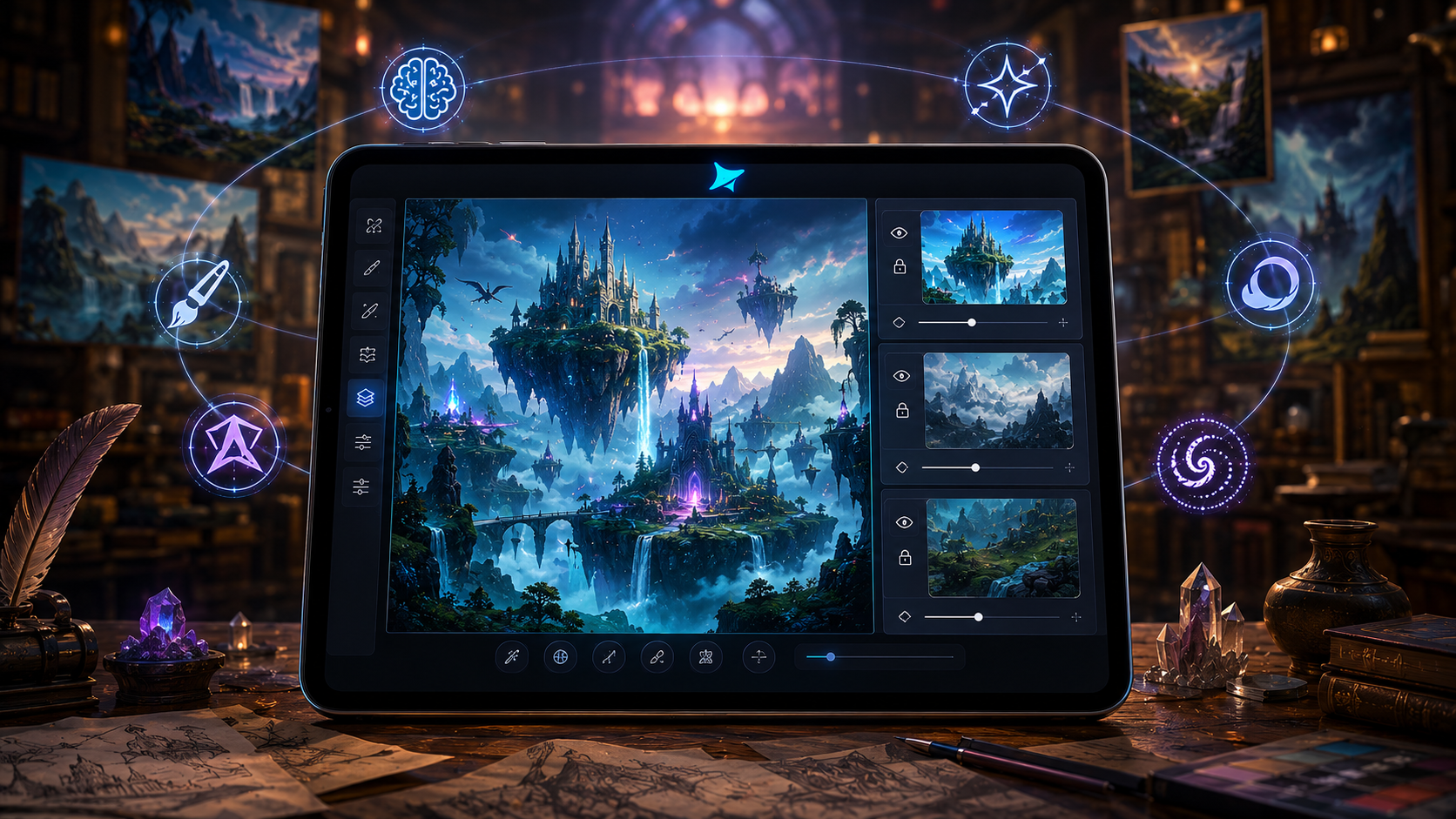 Best AI image generator for fantasy landscapes - Dreamina interface showing base landscape layer, atmosphere controls, and foreground details for immersive worldbuilding