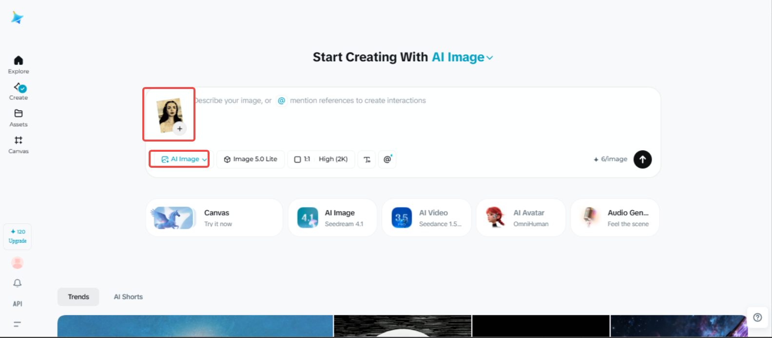 Zugriff auf die Funktion "AI Image" in Dreamina
