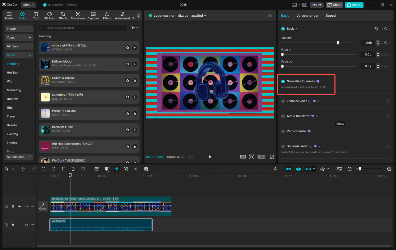 CapCut audio panel showing the Normalize loudness control above a layered project timeline