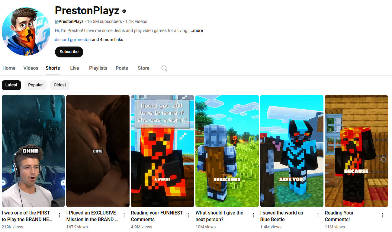 Chaîne PrestonPlayz YouTube Minecraft Shorts avec un gameplay rapide