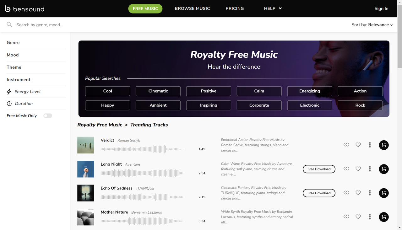 Bensound - royaltyfri nedladdning av bakgrundsmusik för videoprojekt