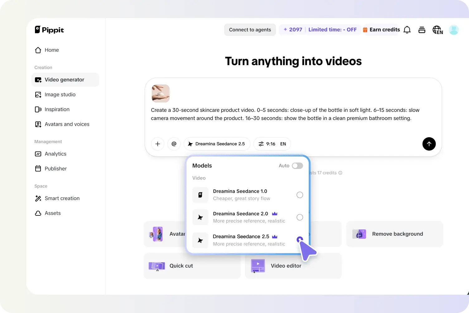 Access Video generator and choose the model