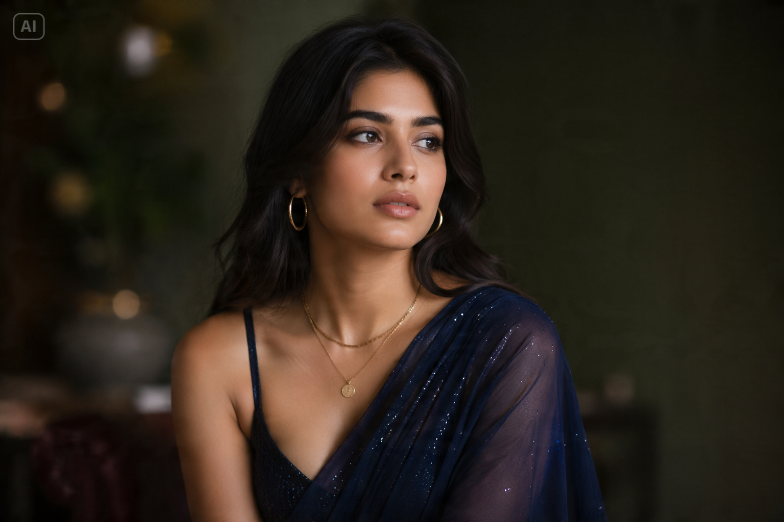 Midnight Navy Saree Cinematic Portrait