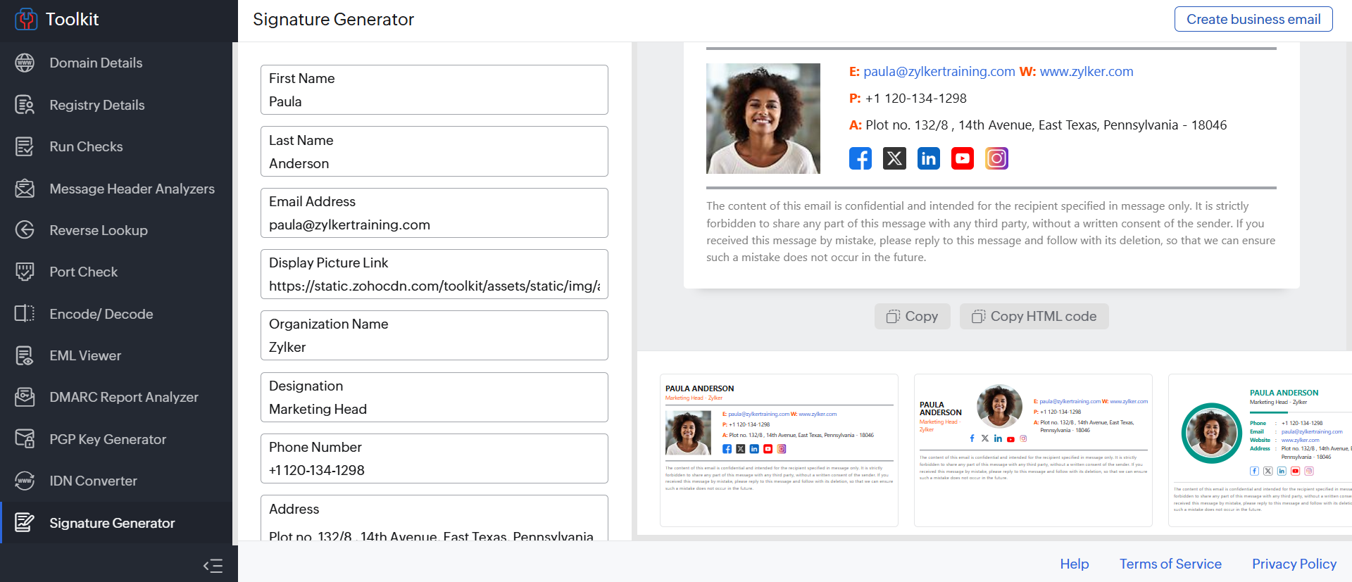 Ang email signature interface ng Zoho
