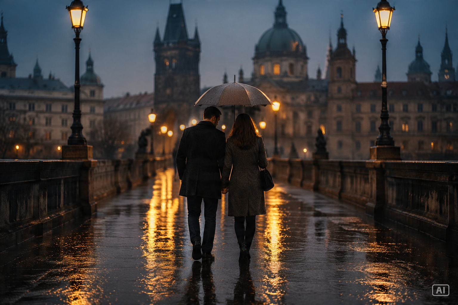 Couple bridge rain wallpaper generated by Pippit