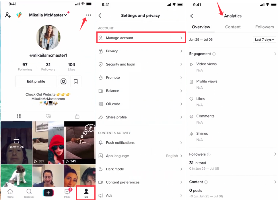 Image montrant comment accéder aux informations sur les comptes TikTok sur un appareil mobile