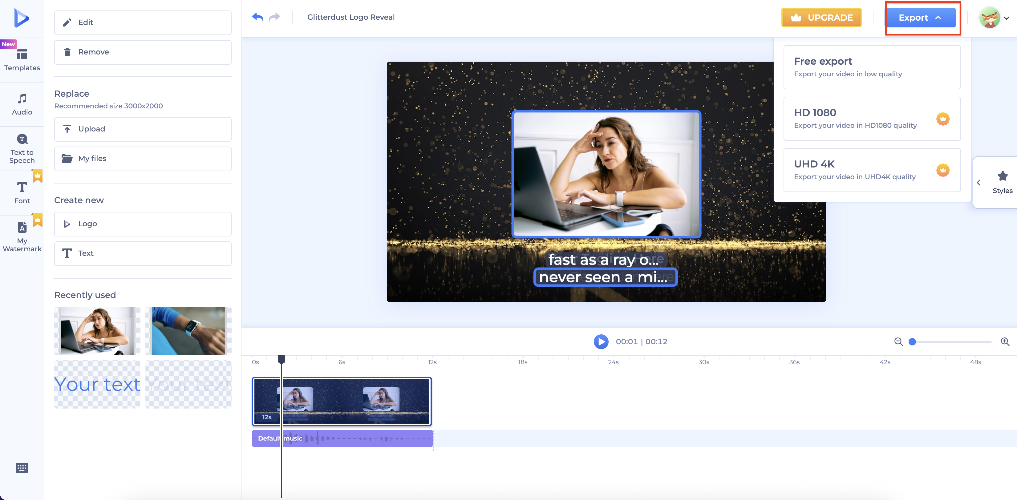 Pantalla de exportación de Renderforest con opciones de vista previa y resolución.