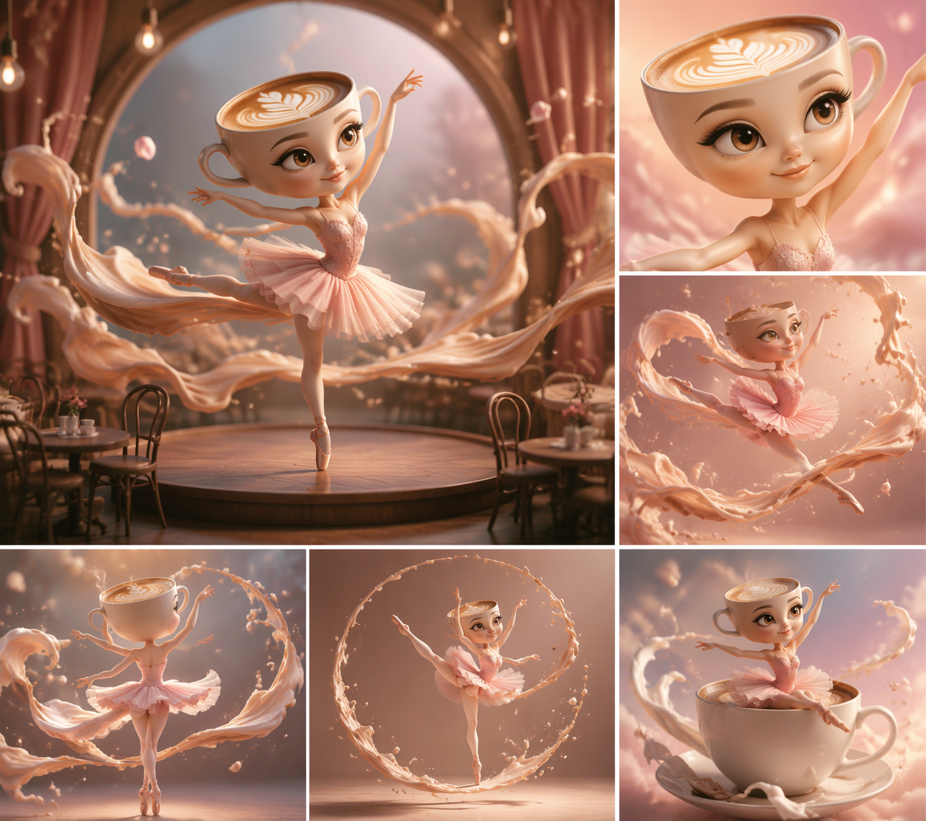 Dreamina芭蕾舞演員卡布奇納視訊提示示例1：Cafe Ballet Swirl