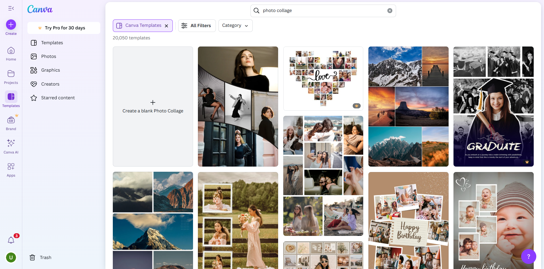 Searching for Canva photo collage templates