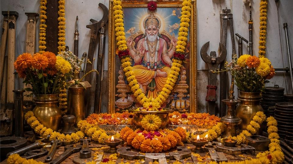 Vishwakarma Puja AI Photo Prompts — a Vishwakarma Puja altar surrounded by tools and marigolds