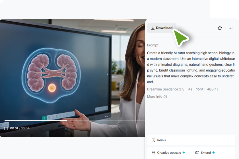 Affina le scene, esporta e condividi il tuo video tutor AI