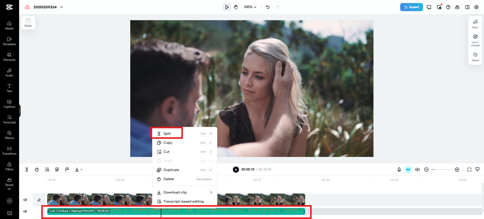 Dividir o recortar el audio