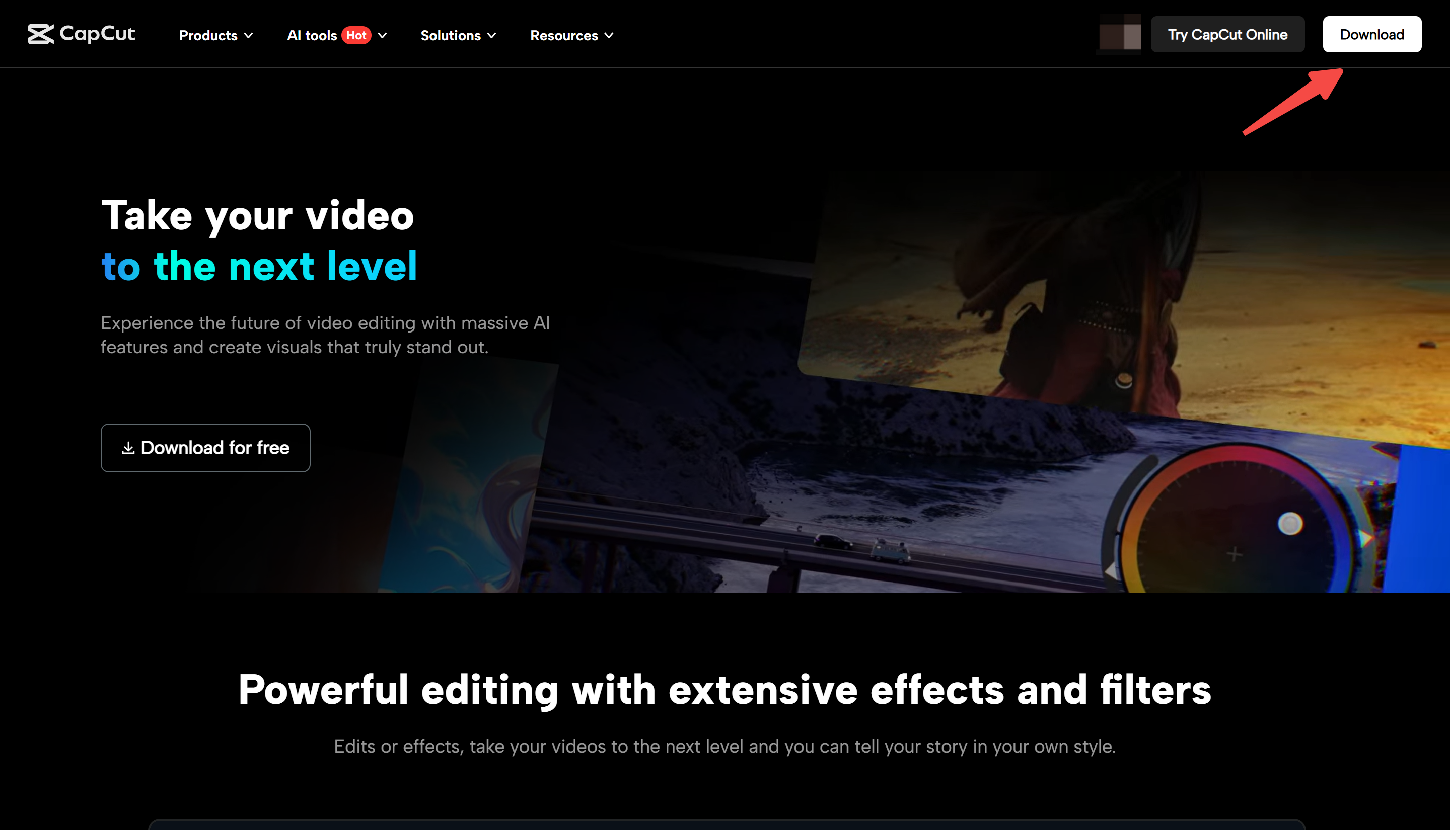 CapCut desktop download page with the main download control prominently highlighted