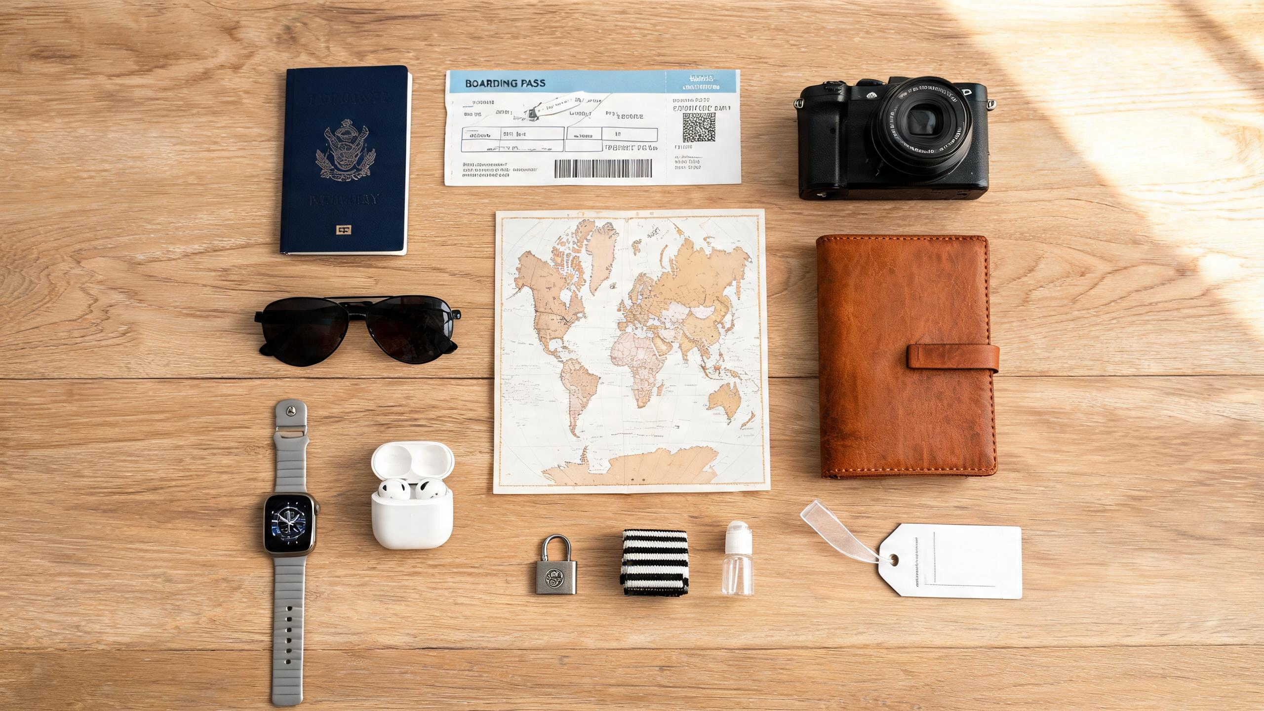 Travel essentials flat lay