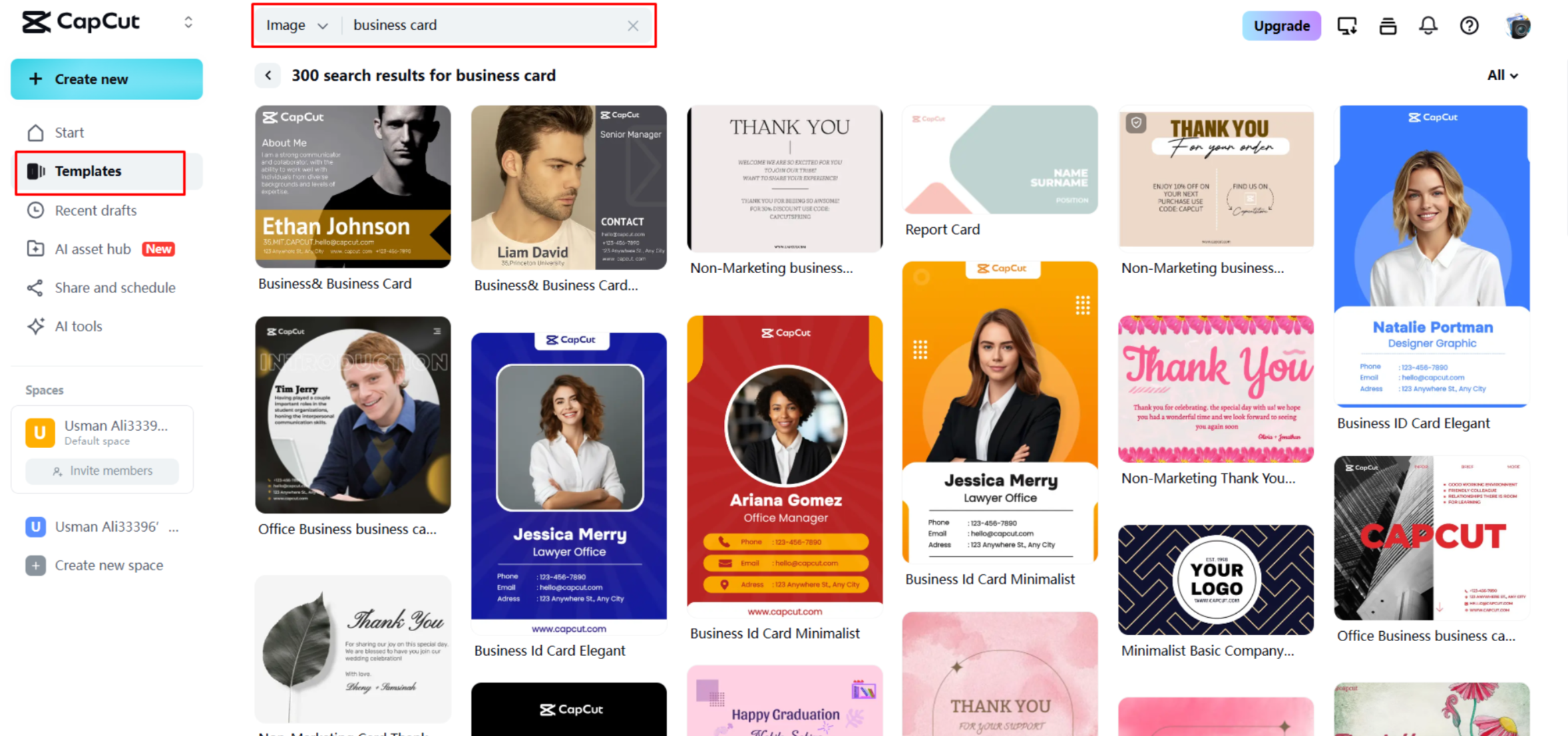 Scelta di un modello di biglietto da visita in CapCut Web