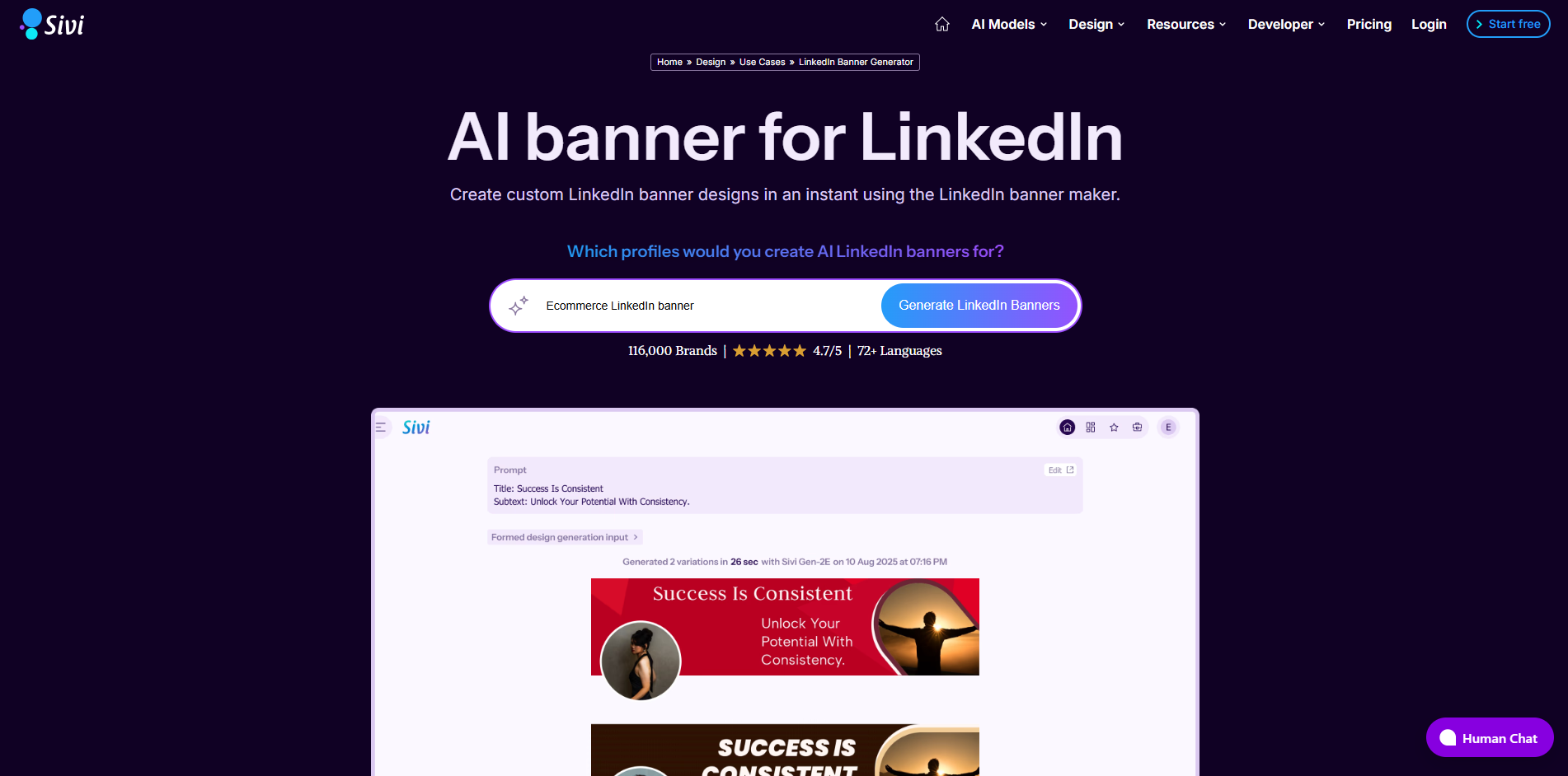Schnittstelle von PosterMyWall LinkedIn banner maker AI
