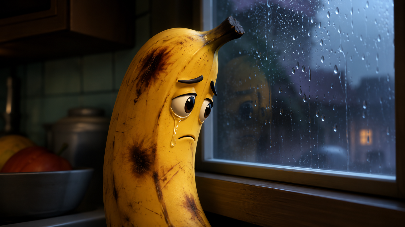Triest bananenkarakter bij een regenachtig raam