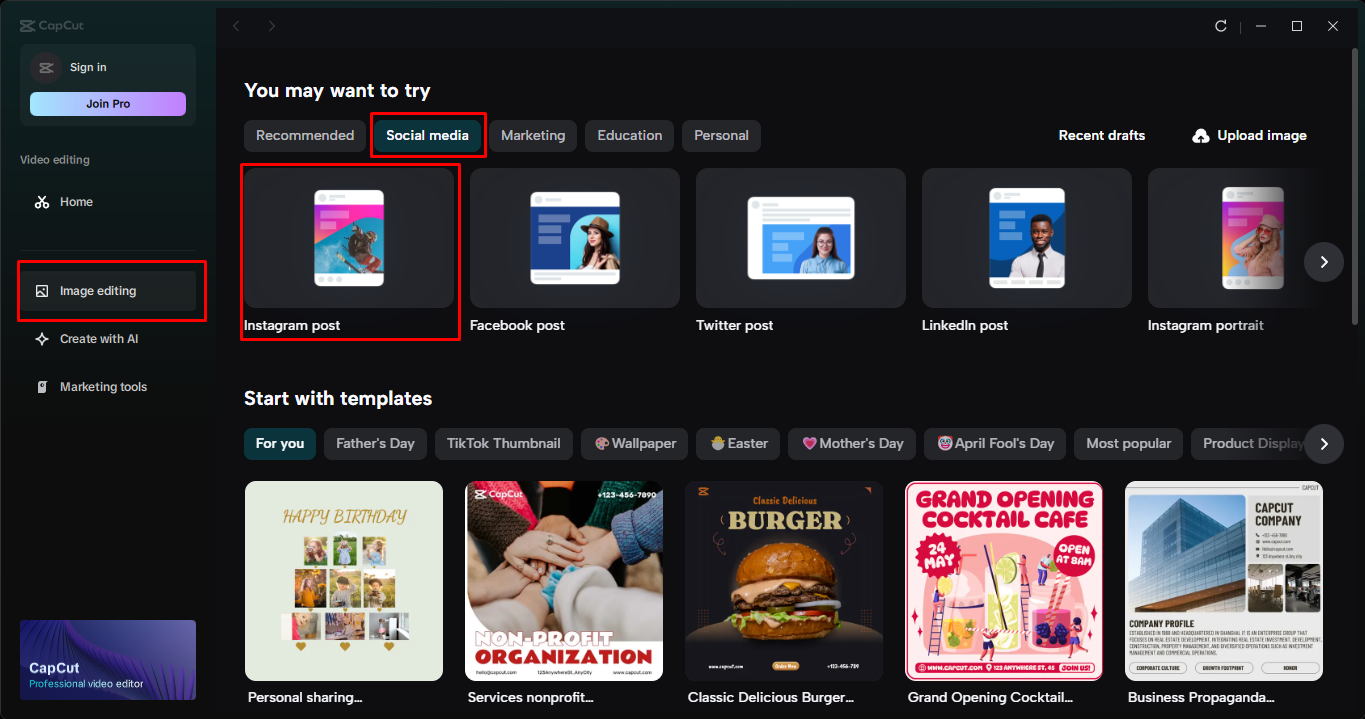 Memilih templat pos Instagram dalam editor video desktop CapCut