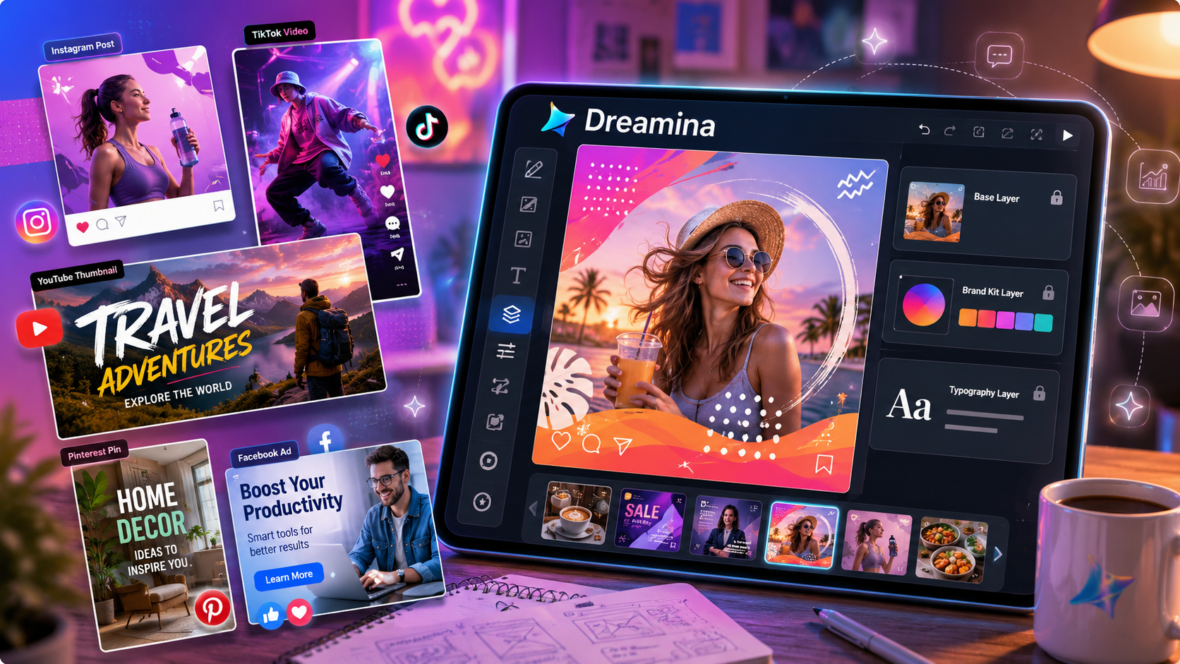 Penjana imej AI terbaik untuk visual media sosial - Antara muka Dreamina menunjukkan lapisan visual asas, kit jenama dengan logo dan warna serta tindanan teks untuk kapsyen dan CTA