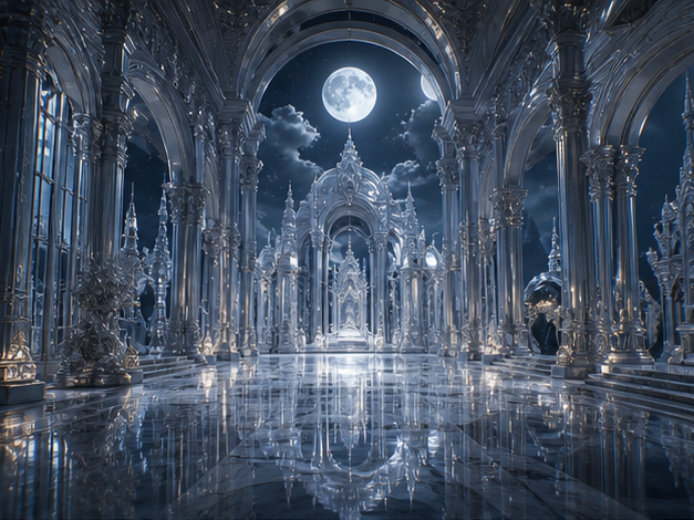 AI Silver Palace-Inspired Character Generator Prompt Beispiel 2 - Moonlit Palace Hall