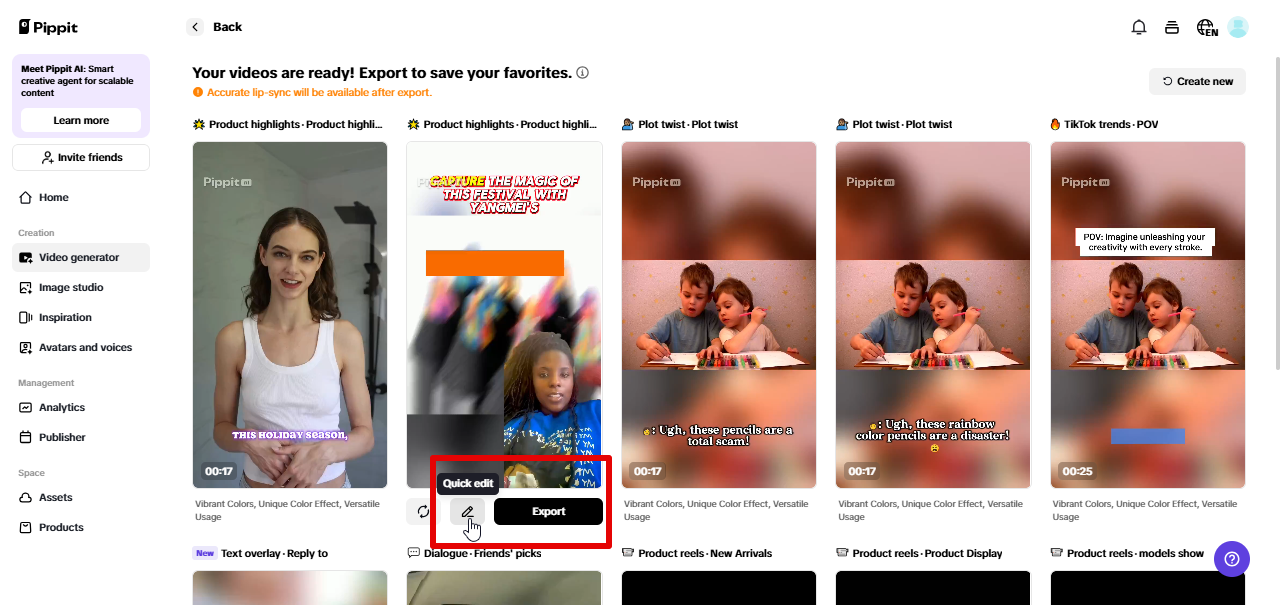 Mengeksport video dari Pippit