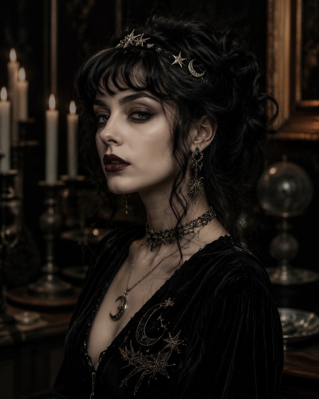 Dreamina AI whimsigoth filter prompt example 1: Moonlit Velvet Portrait
