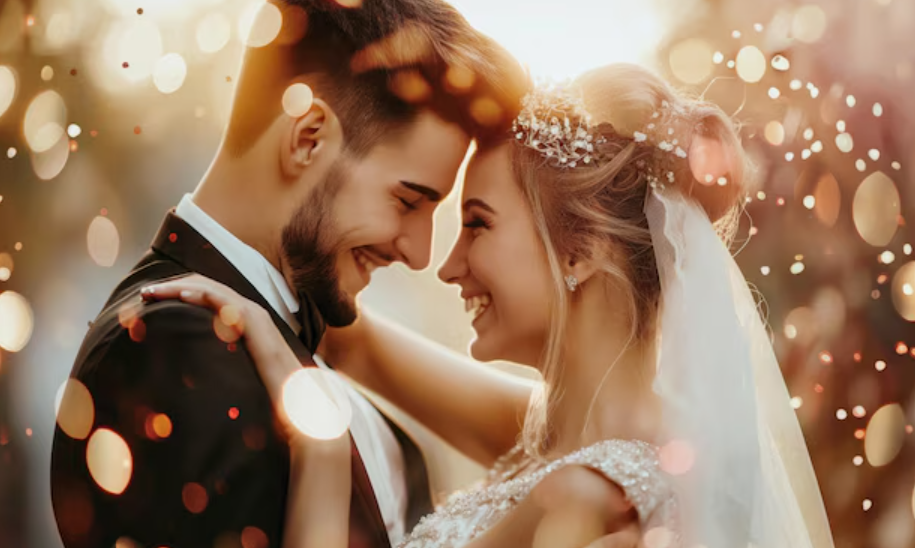 Romantic couple photography with bokeh lights