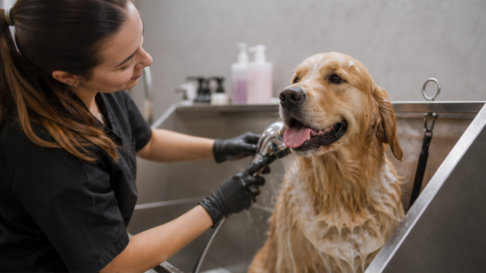 Dog Groomer Video prompt esempio 1 - Calma benvenuto e spazzolatura delicata