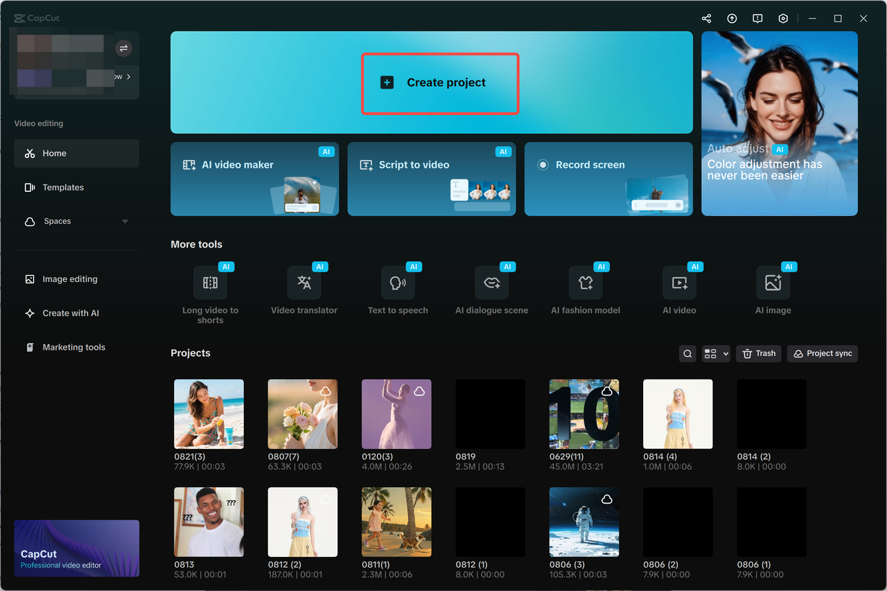 CapCut desktop home screen with the Create project control prominently highlighted