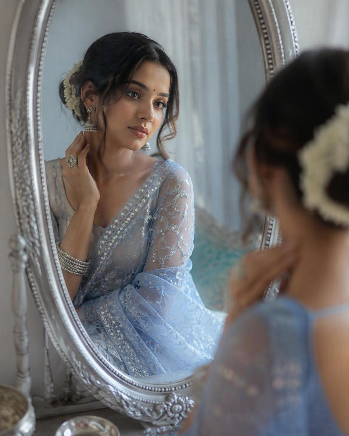 AI Pastell Blau Saree Spiegel Held visuell 2