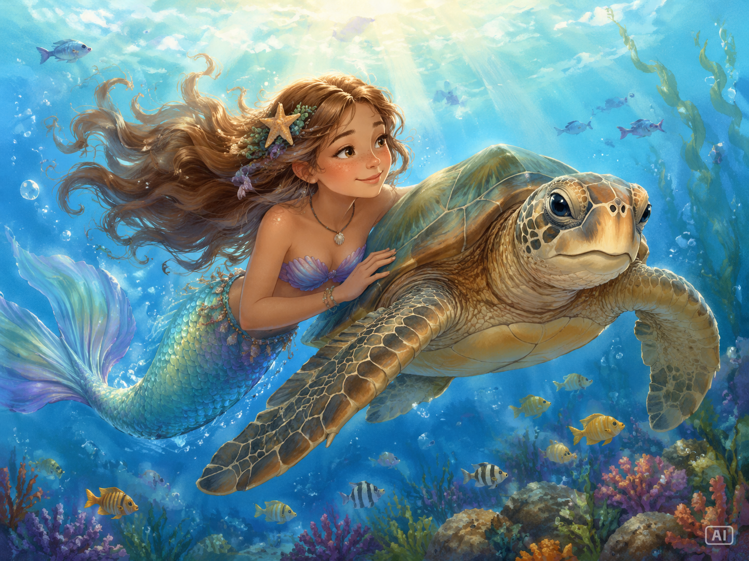 Mermaid and sea turtle art prompt generated by Pippit