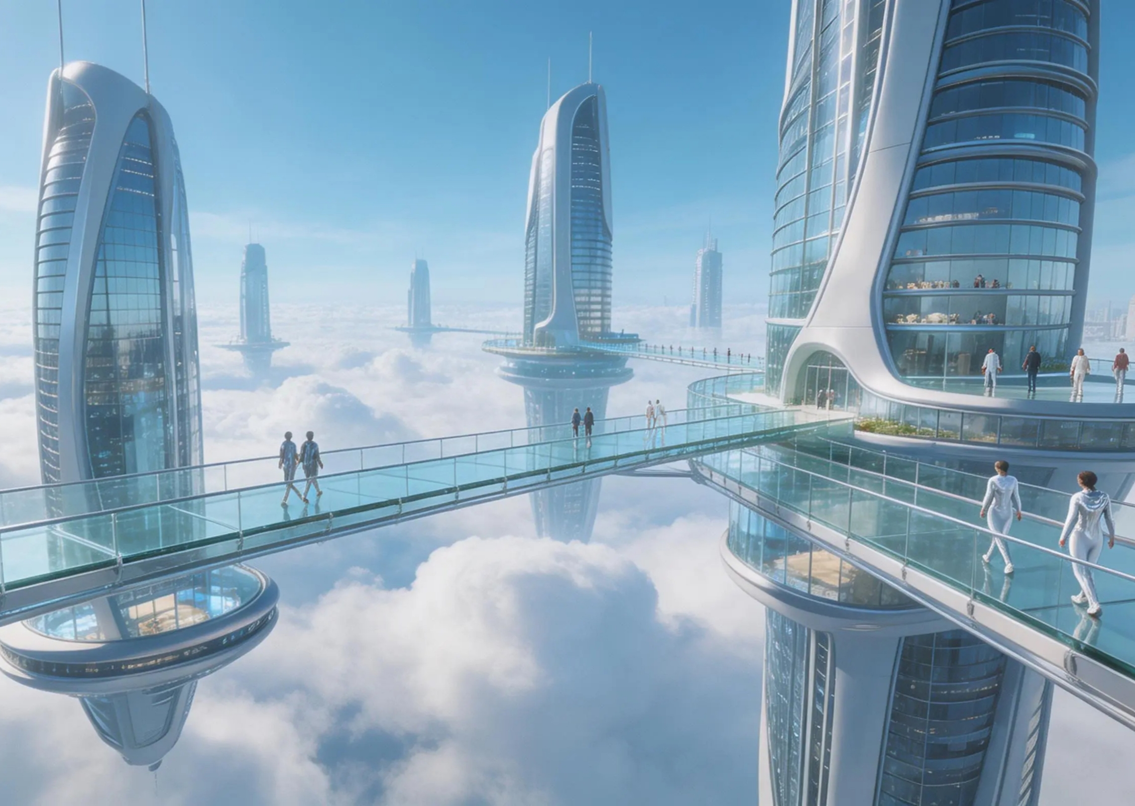 Légi sci-fi videó átrepülés egy üveghíddal összekötött, magas magasságú égboltvárosról