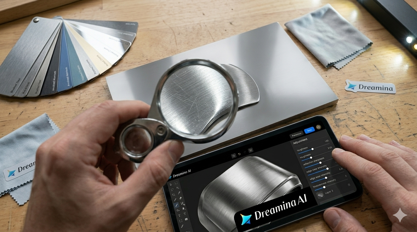 Dreamina IA génère des textures métalliques photoréalistes avec des réflexions spéculaires précises, un contrôle de la rugosité de la surface et une usure des bords pour l'acier brossé et le chrome poli.