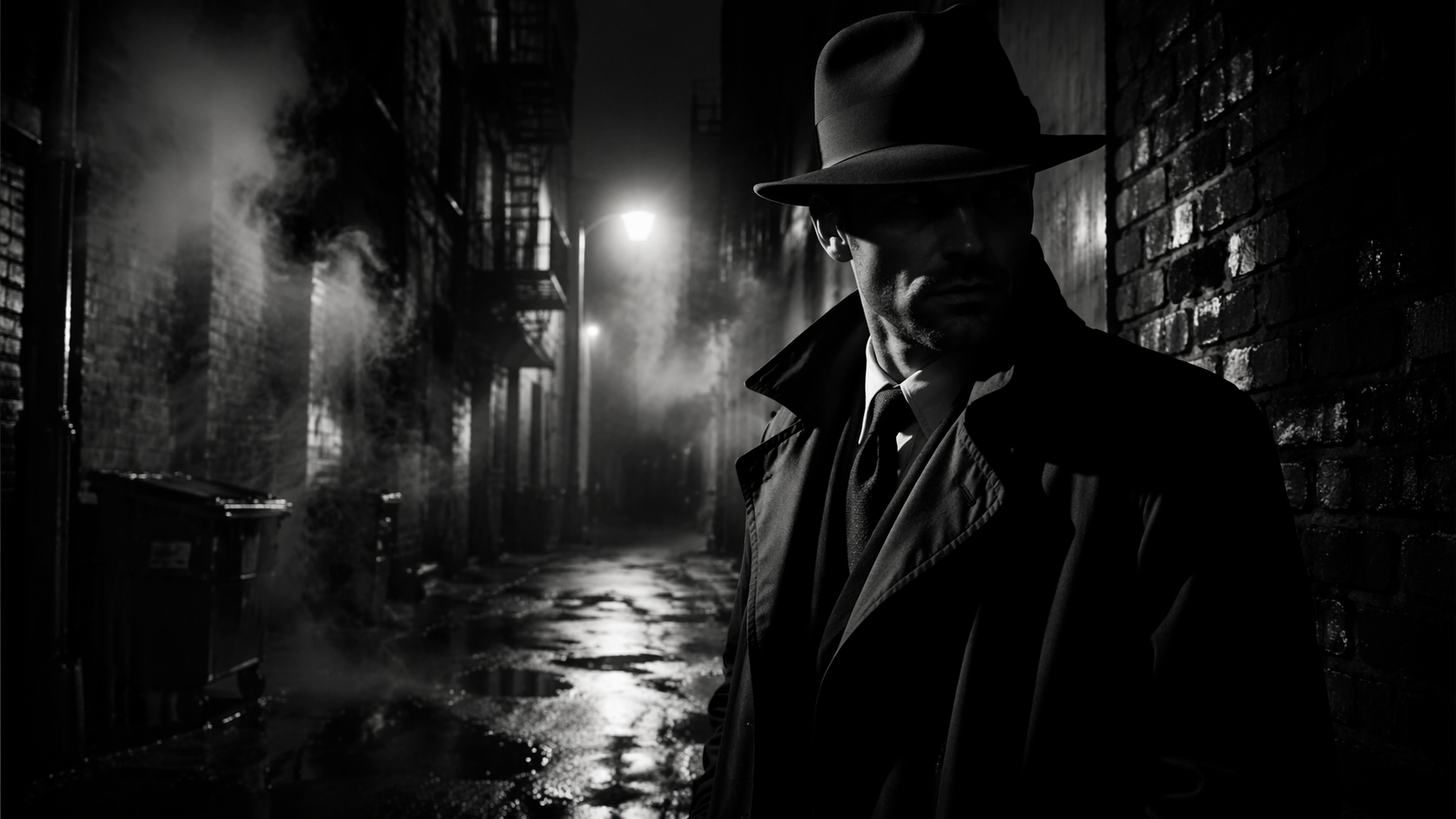 Dreamina Film Noir Filter prompt example 5: Foggy Alley Profile