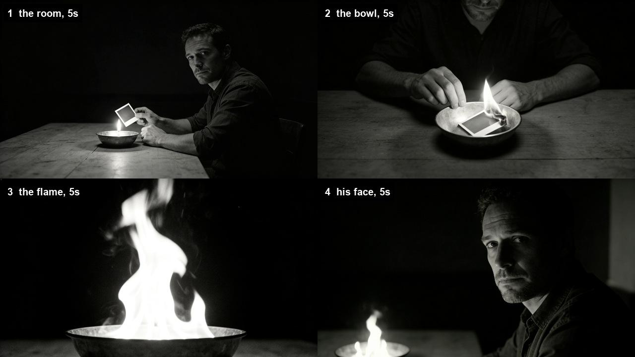 Four black-and-white stills of the same scene at increasing closeness: a man at a table with a lit bowl, his hands and the burning paper, the flame alone, and his face lit from below.
