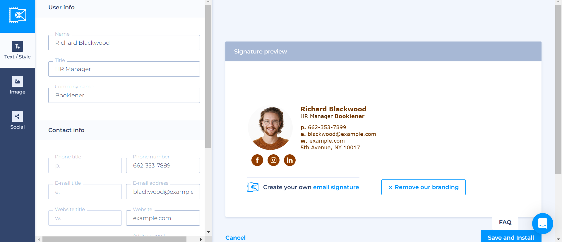 Ang interface ng lagda ng email ng Newoldstamp