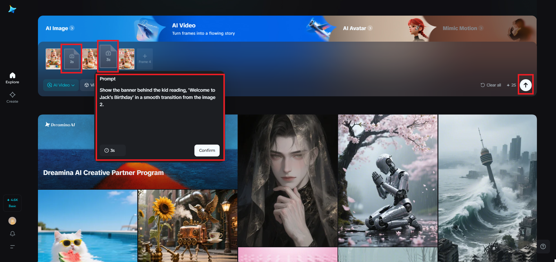 Digite os prompts de texto e defina a duração.