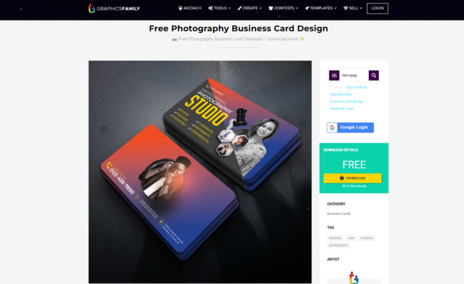 Interfaccia di GraphicsFamily - un altro sito per scaricare modelli di biglietti da visita